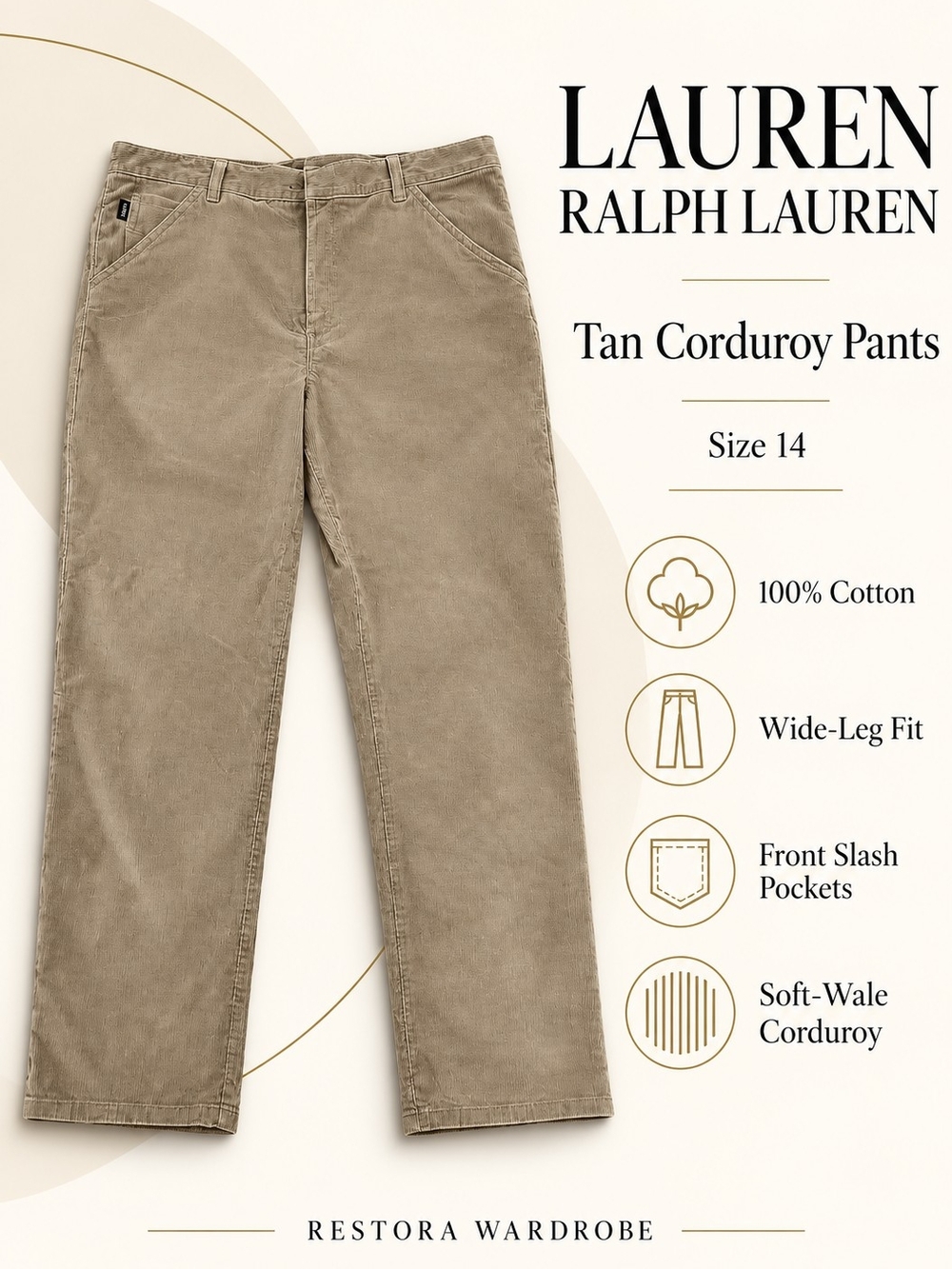 Lauren Ralph Lauren Corduroy Pants Tan 100% Cotton Straight Leg Preppy Size 14
